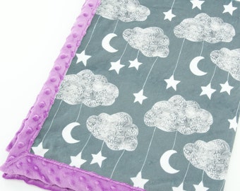 Minky Blanket | Moon Stars Clouds | Gray | 6 sizes: baby, kid, teen, adult