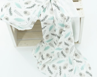 Baby Swaddle Blanket | Mint Feathers | Nursery Decor  | Baby Shower Gift  | Organic X-Large Swaddle