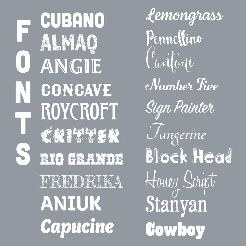 May include: A gray background with white text listing different font names. The fonts are listed in two columns. The left column is labeled "FONTS" and the right column is labeled with the font names.