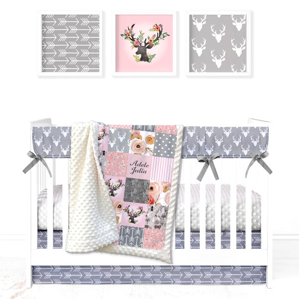 Ensemble de berceau Minky personnalisé : Patchwork Floral Stag Woodland en rose | Choix de 8 pièces