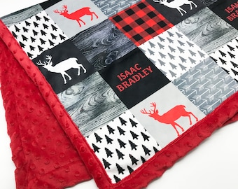Minky Blanket | Woodland Patchwork | Deer | Red, Black Baby Shower Gift | Nursery Decor| Baby to Adult size
