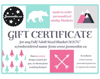 Gift Card for FULL/ADULT/TEEN sized (56x76’’) minky blanket with embroidered name, E gift certificate, last minute gift, personalized