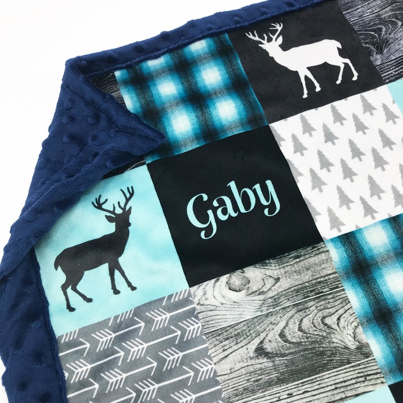 Minky Blanket Woodland Patchwork Deer Aqua, Black Baby Shower Gift Nursery Decor Baby to Adult sizes Baby 28x38