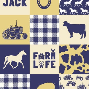 Könnte beinhalten: Eine Collage mit Bildern zum Thema Bauernhof, darunter ein Traktor, eine Kuh, ein Pferd, ein Schwein, ein Hufeisen, ein Huhn und ein kariertes Muster. Die Texte "Jack" und "Farm Life" sind ebenfalls enthalten.