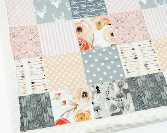Floral Woodland Minky Blanket: Pink & Gray Patchwork, Personalized
