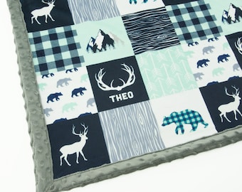 Minky Blanket | Woodland Patchwork | Antlers | Navy, Mint Baby Shower Gift | Nursery Decor| Baby to Adult sizes