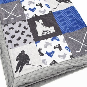 Minky Blanket | Hockey Patchwork| Navy & Gray | Add Embroidered Name |  baby, kid, teen, adult sizes