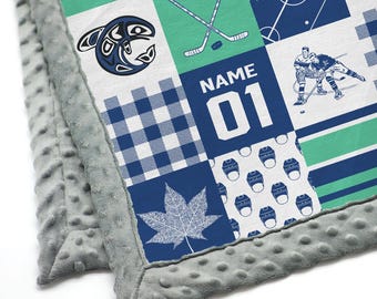 Personalized Hockey Minky Blanket, Canadian Ice Hockey Patchwork, Hockey Name Blanket for Baby Boy, Hockey Baby Gift, Blue, Green, 6 sizes