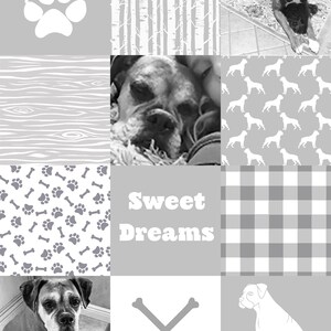 May include: A collage of images featuring a boxer dog in various poses, including sleeping, sitting, and walking. The collage also includes patterns of paw prints, bones, wood grain, and a plaid pattern. The text "Sweet Dreams" is featured in the center of the collage.