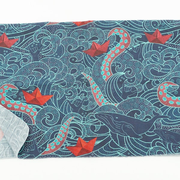 Baby Swaddle Blanket | Octopus & Whales in Ocean Waves | Organic knit or Double gauze | Swaddle | Medium or X-Large