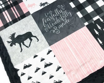 Woodland Patchwork Minky Blanket | "FEARFULLY MADE" | Gray, Pink, & Black | 6 sizes: baby, kid, teen, adult