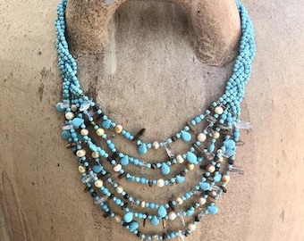 Turquoise beaded, glass, crystal, semi=precious stones brown tiger eye, pearlized bead, multi-layered pearl beaded bohemian bohonecklace