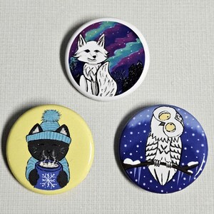 Cute Chilly Themed Animal Buttons | Arctic Fox, Cocoa Cat, Snowy Owl