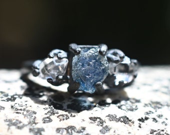 Unique Engagement Ring, Raw Sapphire Ring, Herkimer Diamond Ring, Size 4 Ring, Black Sterling Silver Ring, Rough Gemstone Ring  Rustic Ring