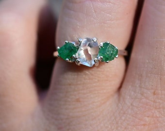 Natural Emerald Ring, Raw Stone Ring,  Raw Emerald and Herkimer Diamond , Unique Rough Emerald Ring, Wedding Band Size 7 gift
