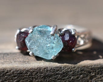 Garnet Ring - Aquamarine ring - Uncut engagement ring - Raw Gemstone ring - Rings for women - raw stone - ethical engagement ring -