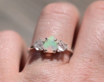 Opal Ring, Unique Engagement Jewelry, Handmade Diamond Ring, Wedding Band, Anniversary Gift,  Boho Trendy Chic Moderngift