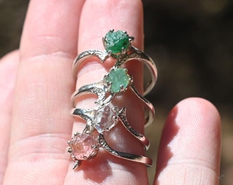 Emerald Herkimer Diamond Tourmaline Montana Sapphire Grape Agate Unique Engagement Ring Raw Bohemian Jewelry Size 3 4 5 6 7 8 9 10 11 12 13