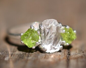 Raw peridot and clear quartz engagement ring, rough cut gemstone ring size 4 5 6 7 8 9 10 11 12 Avello anniversary gift for womangift
