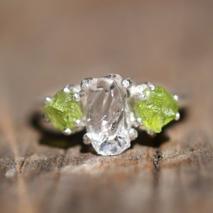 Raw peridot and clear quartz engagement ring, rough cut gemstone ring size 4 5 6 7 8 9 10 11 12 Avello anniversary gift for woman