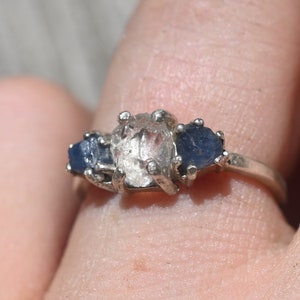 Raw  Sapphire Engagement Ring Rough Diamond Wedding Band Unique Graduation Gemstone Sterling Silver Promise Ring Size 7