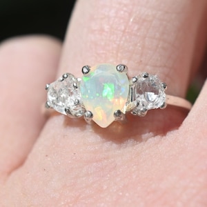 Raw crystal ring, Raw Diamond Engagement Ring, Opal Wedding Ring, Rough Gemstone Jewelry, Sterling Silver Size 3 4 5 6 7 8 9 10 11 12