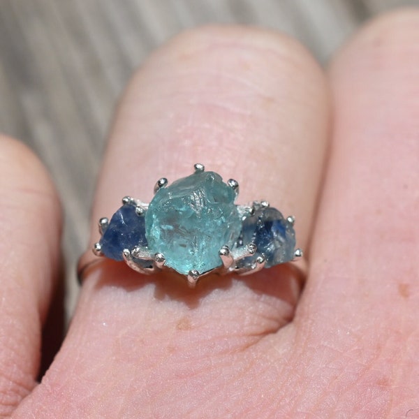 Aquamarine and blue Montana sapphire engagement ring size 3 4 5 6 7 8 9 10 11 12 13 oval pear tear round or square gift