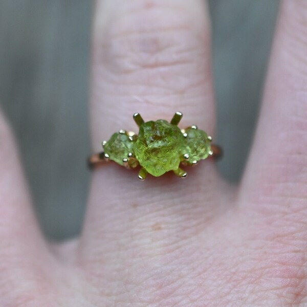 Raw peridot engagement ring, rough cut gemstone ring size 4 5 6 7 8 9 10 11 12 Avello anniversary gift for woman