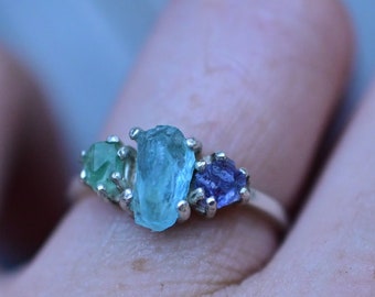 Aquamarine, emerald and tanzanite ring, alternative engagement rings, unique rings for women and men, size 3 4 5 6 7 8 9 10 11 12 13