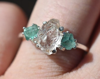 Natural Emerald Ring Raw Diamond Engagement Ring Rough Emerald and Diamond Wedding Band anniversary gift for womangift