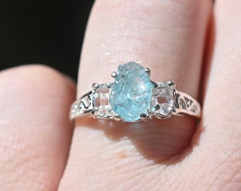 Anel de noivado com diamante bruto do condado de Herkimer e água-marinha tamanho 7, presente de aniversário para mulheres, tamanho 3, 4, 5, 6, 7, 8, 9, 10, 11, 12, 13