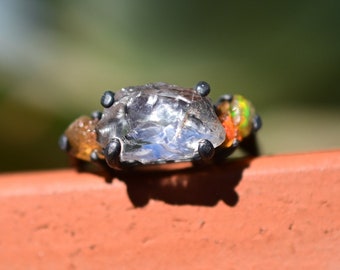 Unique ethiopian opal ring with natural rough cut emerald shaped Lake county diamond size 4 5 6 7 8 9 10 11 12 13 anniversary gift for woman