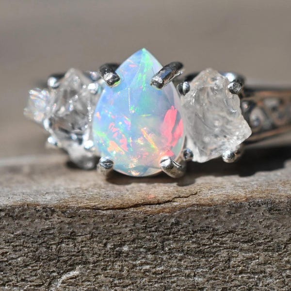 Anillo de compromiso, anillo de bodas de cristal, ópalo etíope, plata esterlina, tamaño 3, 4, 5, 6, 7, 8, 9, 10, 11, 12, hecho en Estados Unidos.