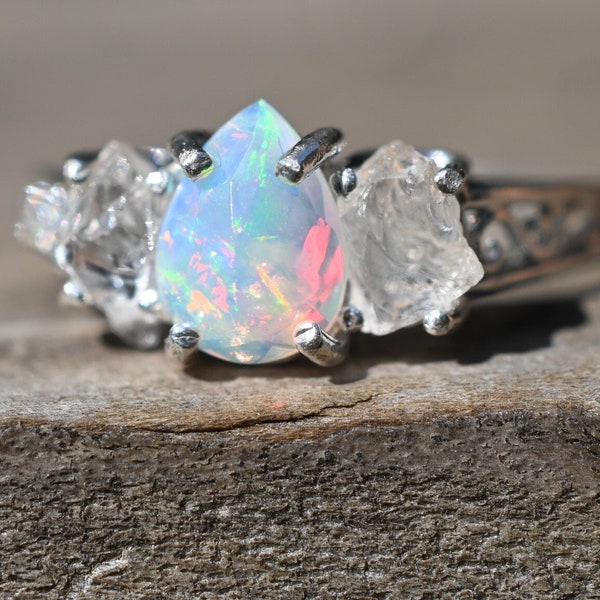 Raw crystal ring, Raw Diamond Engagement Ring, Opal Wedding Ring, Rough Gemstone Jewelry, Sterling Silver Size 3 4 5 6 7 8 9 10 11 12gift