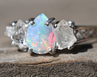 Raw crystal ring, Raw Diamond Engagement Ring, Opal Wedding Ring, Rough Gemstone Jewelry, Sterling Silver Size 3 4 5 6 7 8 9 10 11 12gift