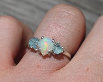 Opal and aquamarine engagement ring, raw stone ring, alternative engagement ring, unique rings for women size 3 4 5 6 7 8 9 10 11 12 13gift