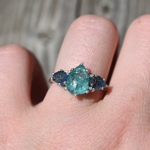 Aquamarine and blue sapphire engagement ring size 3 4 5 6 7 8 9 10 11 12 13 oval pear tear round or square gift American made
