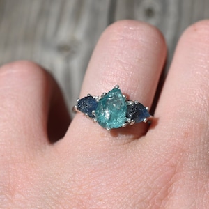 Ocean-Inspired Raw Gemstone Ring with Teal and Blue Crystals on Silver Band anniversary  gift for woman gift American made