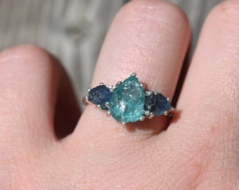 Engagement ring Ocean-Inspired Raw Gemstone Ring with Teal and Blue Crystals on Silver Band anniversary  gift for woman gift American made