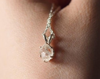 Pear or teardrop shaped necklace dainty .925 Sterling Silver pendant Raw Diamond Charm gemstone Delicate Rough Uncut Gems clear quartzgift