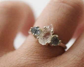 Engagement ring Raw Sapphire and Diamond  Raw Diamond Ring , Diamond Wedding Band Rough Diamond Ring American made