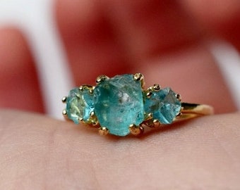 Raw aquamarine ring, crystal ring, three stone ring, natural gemstone jewelry, size 3 4 5 6 7 8 9 10 11 12 13
