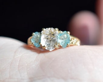 Rough Aquamarine Ring, Natural Aquamarine Ring Three Stone Ring Raw Diamond Ring Uncut Aquamarine Size 5 6 7 8 9 anniversary gift for woman