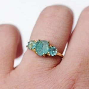 Raw aquamarine ring, crystal ring, three stone ring, natural gemstone jewelry, solid 10k yellow white gold size 3 4 5 6 7 8 9 10 11 12 13 image 2