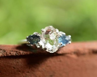 Raw Montana Sapphire Ring, Rough Diamond Engagement Ring, Uncut Gemstone Ring, Dark Blue Sapphires, Unique Gift