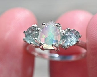 opal ring, Raw sapphire Gemstone, unique opal ring, jewelry for her, birthday  gift anniversary, raw blue stone, sterling silver gift