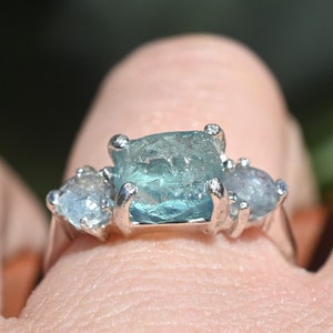 Raw Aquamarine Ring, Boho Engagement Ring, Handmade Sterling Silver Jewelry, Promise Ring Size 5 6 7 8 9 10 anniversary  gift for woman gift