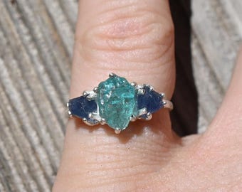 Engagement ring Aquamarine and blue sapphire  size 3 4 5 6 7 8 9 10 11 12 13 oval pear tear round or square gift American made