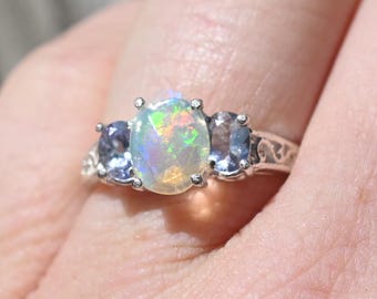Ethiopian Opal and Tanzanite Ring Sterling Silver Oval Opal , October Birthstone Handmade Boho Gemstone Jewelry American made