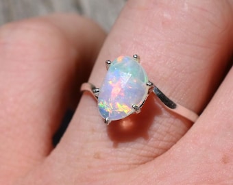 Natural Ethiopian Opal Ring in Sterling Silver Pear Cut Iridescent Gemstone Ring October Birthstone Promise Ring Handmade Minimalist Jewelry